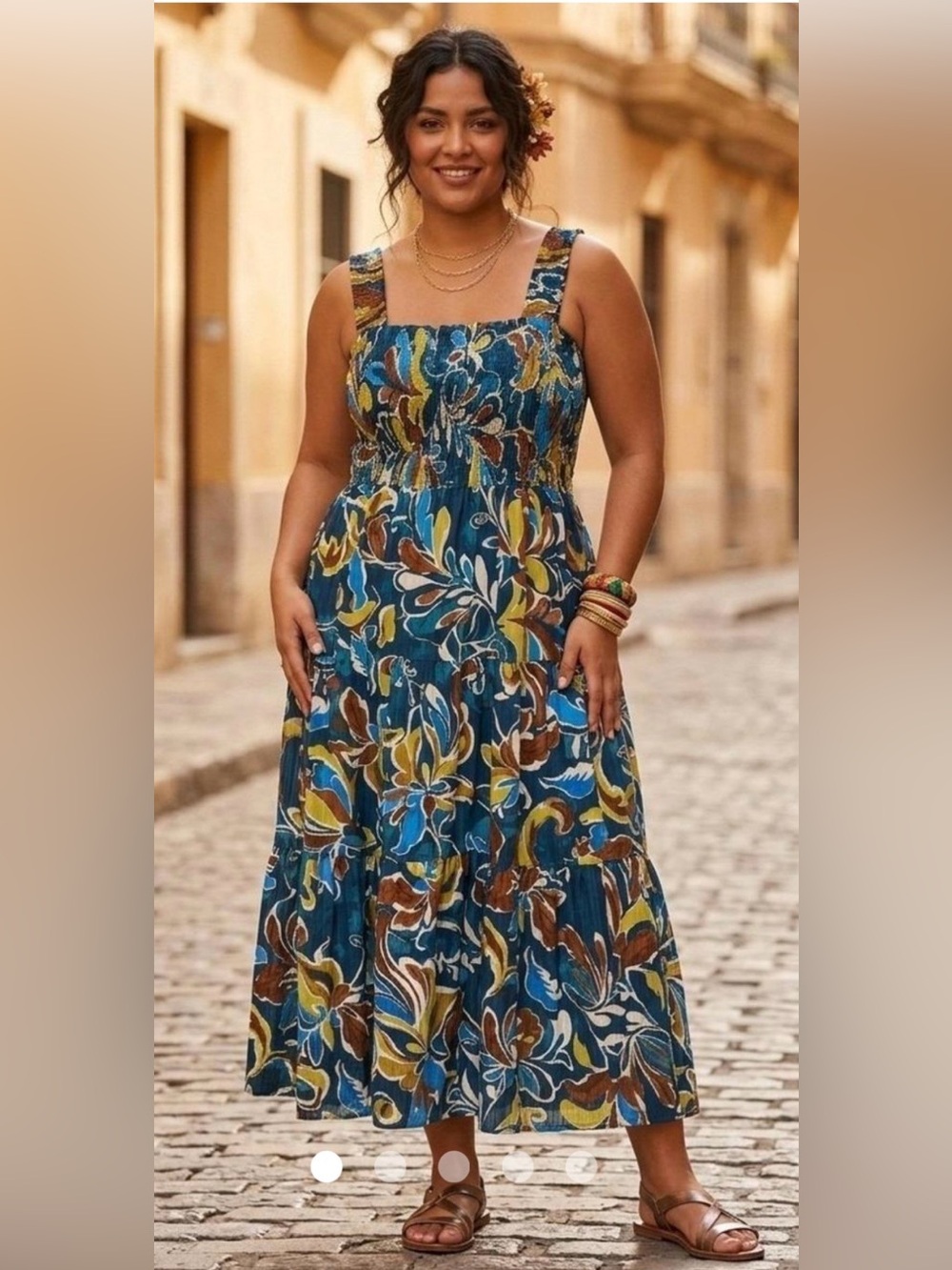 NWT Size L Anne Klein Vibrant Bohemian Smocked Tiered Floral Maxi Dress